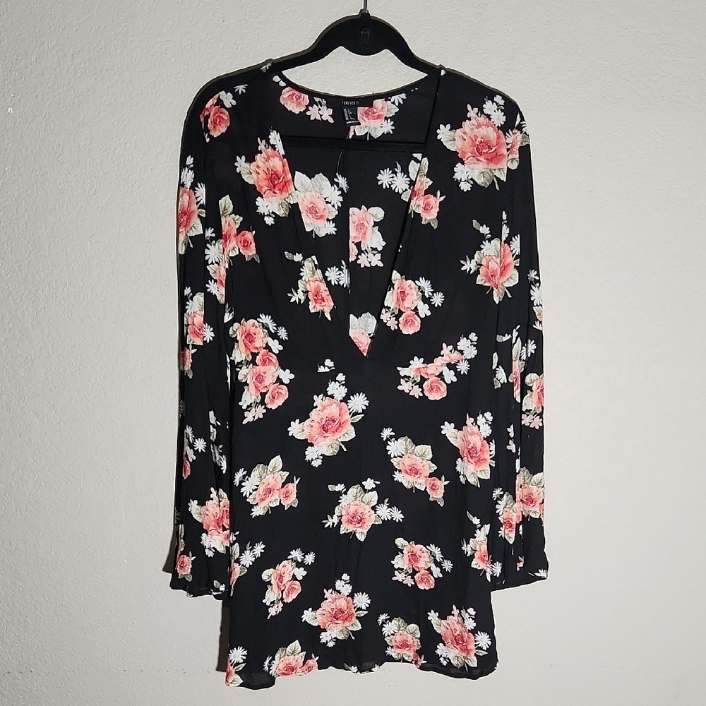 Forever 21 Tunic Dress V-Neckline Flowy Whimsigoth Cottage Floral Large No Belt
